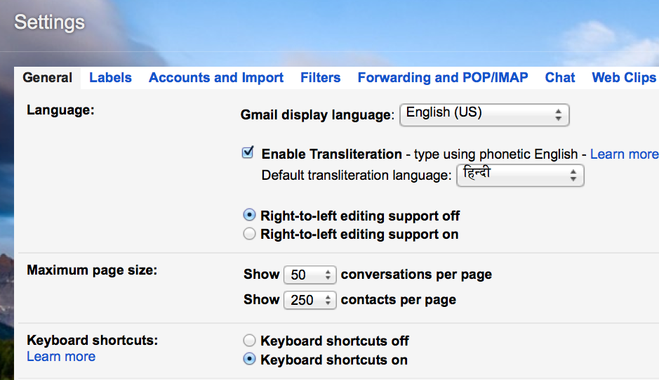 gmail keyboard shortcut for settings